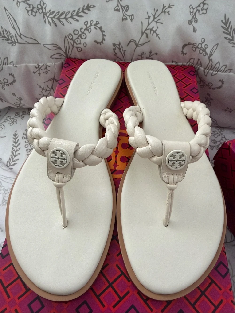 Tory Burch Ivory Braided Thong Sandals with Logo Medallion